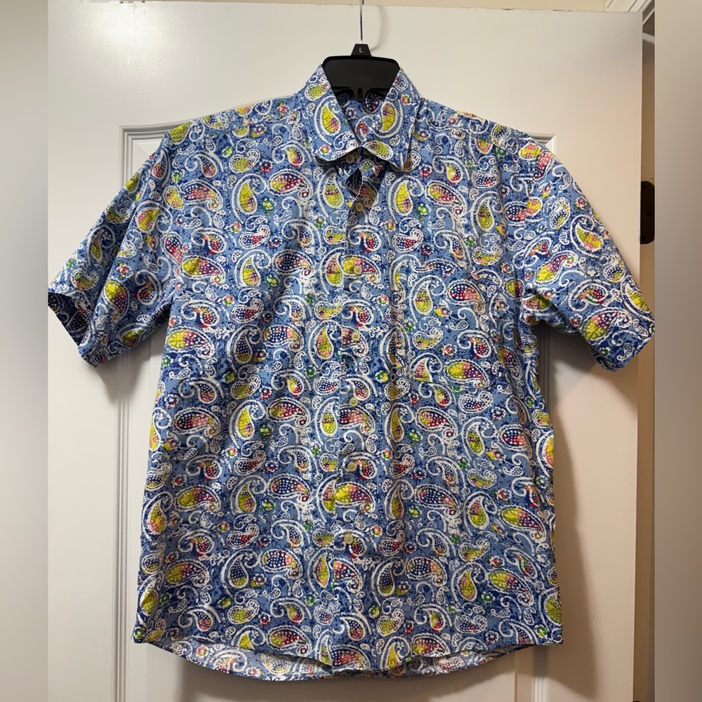 Alan Flusser Paisley Blue Green Multicolor Short Sleeve Button Up Shirt Mens M